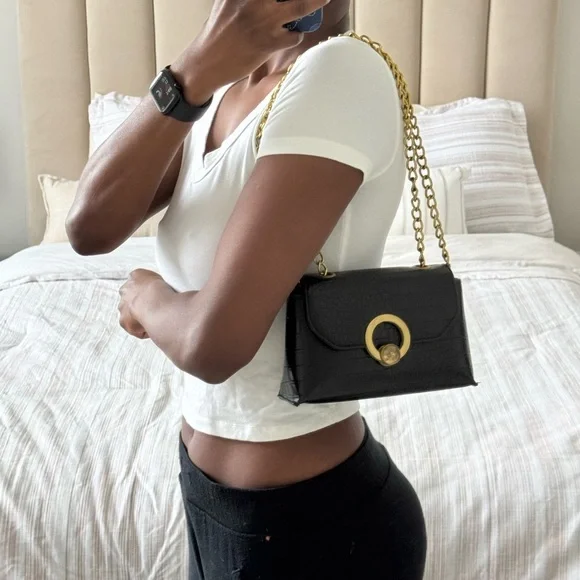 Black faux leather croc shoulder crossbody bag with gold hardware mini bag - Picture 2 of 8